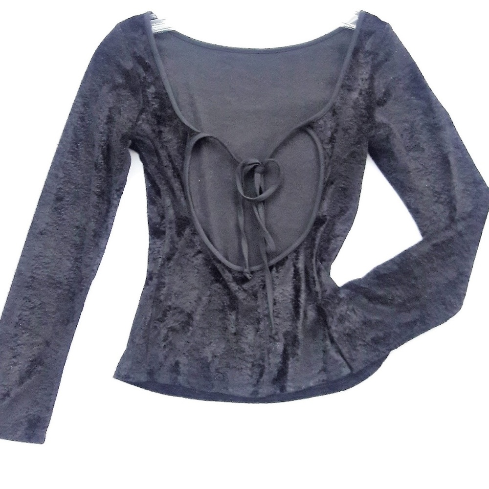 Mark Wong Nark Couture Velour Black Top Long Sleeves Back Tie Cut Out Black 90s